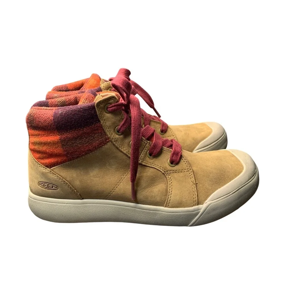 KEEN Women's Casual High Top‎ Sneakers Tan Plaid Lined Lace Up Shoes Size 8.5